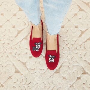 VIVAIA Audrey Round-Toe Dog Embroidered Knit Loafers Ruby Red EU 36 / US 5.5-6